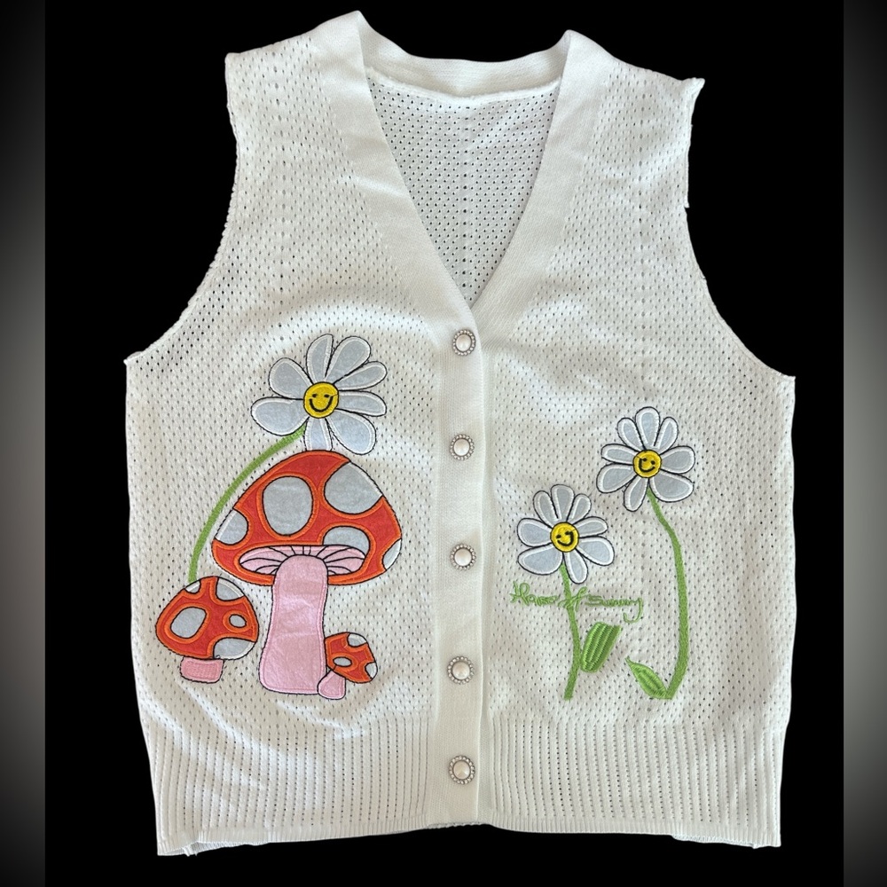 House of Sunny White Knit button up Vest with floral mushroom patchwork Sz S